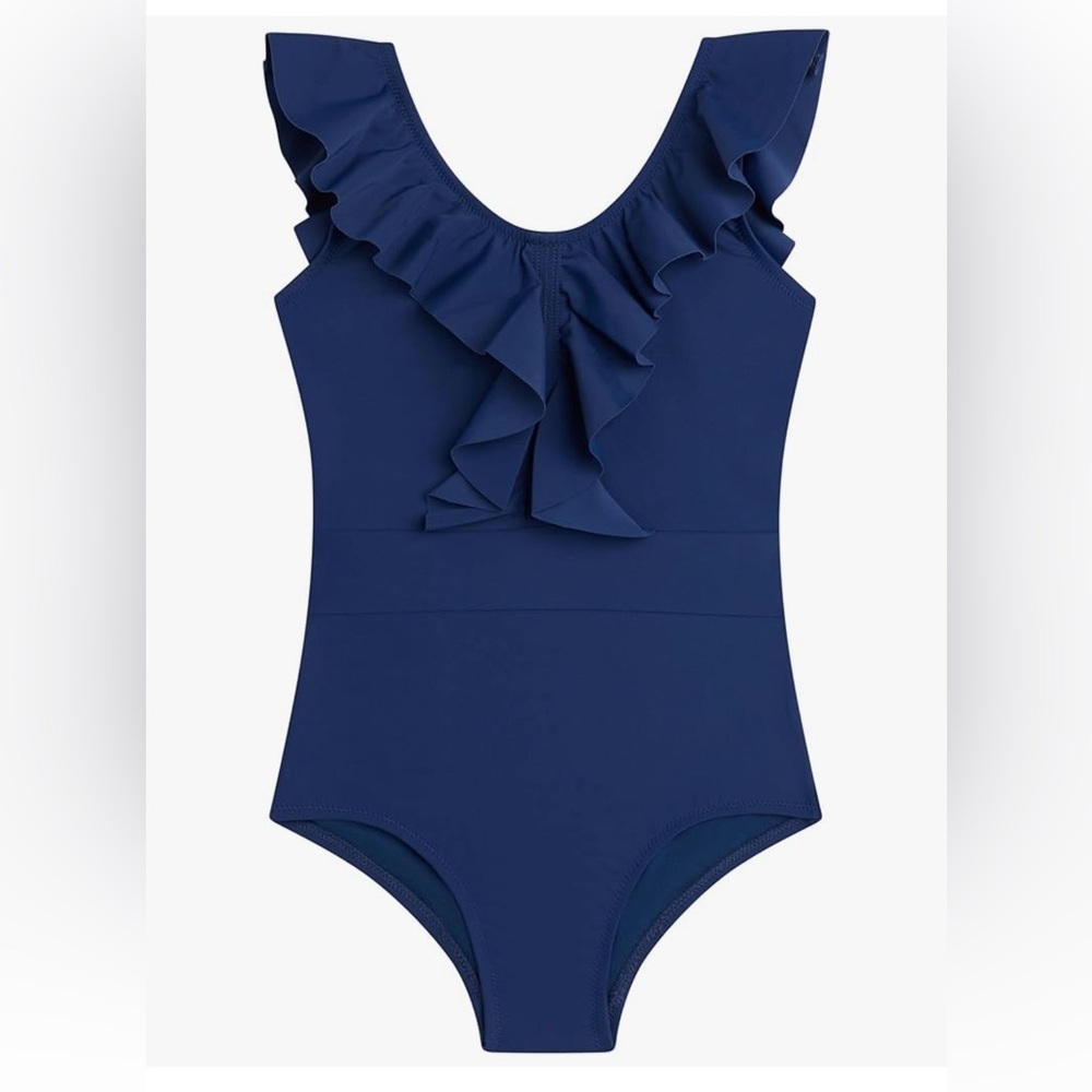 NWT Kanu Surf Girls' Gianna Beach Sport Ruffle One Piece Swimsuit Navy Blue